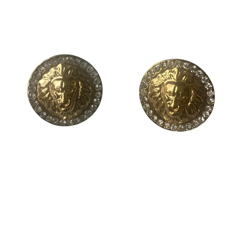 Gold Lion Head Stud Earrings Rhinestone Halo Round Statement Jewelry 2634